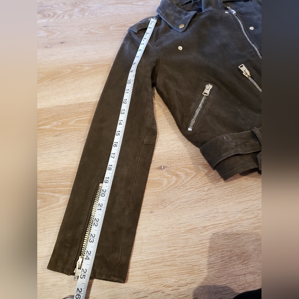 Allsaints suede balfern biker jacket in dark green womens size 2 - Picture 16 of 16